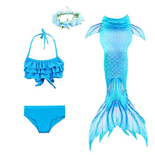 PaisDola Cola de Sirena para Niñas para Nadar Bikini de 3 Piezas y Diadema con Guirnaldas de Flores (DH53-46H,120)