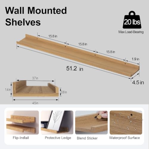 Image of Oak Floating Shelves for Wall Decor, 52 in Shelf with Lip, 2 Set