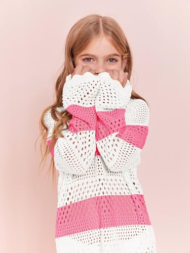 Image of Batermoon Girls Crochet Long Sleeve Swimsuit Cover Up Kids Fashion Hollow Out Swimwear Beach Dress 5-14 Years