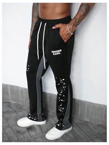 GORGLITTER Men's Y2K Sweatpants Graphic Flare Sweatpants Color Block Drawstring Waist Drippy Pants Streetwear4