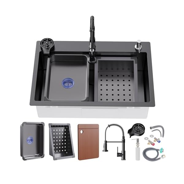 29.5 x 18 inch Kitchen Sink, Single Bowl Stainless Steel Sink Multifunctional Drop In Sink with Pull-Down Faucet and Multiple Accessories (Black Grey, 29.5 * 18)