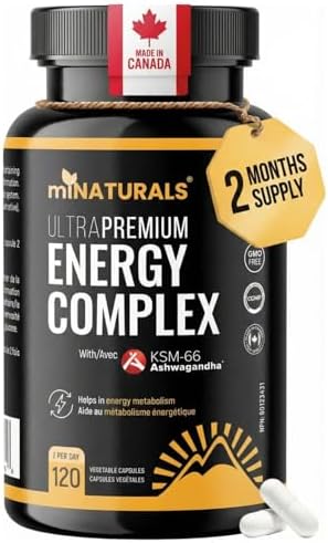 miNATURALS Natural Energy Booster – Caffeine-Free Energy Supplement for Women & Men, Stamina & Vitality Support with Ashwagandha KSM-66 & B Vitamins, 120 Vegan Capsules, Made in Canada