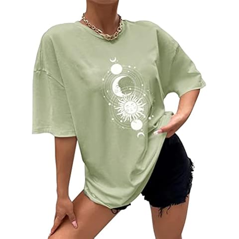 Tomwell Vintage Oberteile Damen Oversized Tshirt Lustig Streetwear Sportshirt Kurzarm Sport Oberteile Sweatshirt Rundhals Teenager Mädchen Tops Lang F1 Grün M Cover