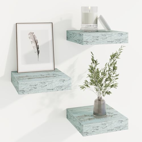 Square Floating Shelves for Wall, 8"W x 8"D x 1.25"H, 3 Packs Small Wall Mounted Engineered Wood Shelves with Invisible Brackets for Living Room, Bedroom, Bathroom, Kitchen Decor, Washed blue