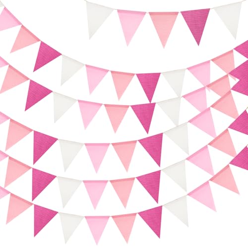 G2PLUS 20M Pink White Burlap Bunting, 60PCS Pink Hessian Bunting, Reusable Outdoor Waterproof Bunting, Pink Burlap Banner for Baby Shower, Birthday, Wedding, Garden Decor
