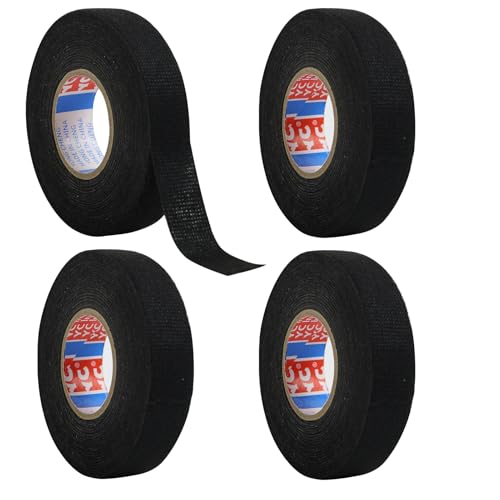 Knocery Cinta de Tela Adhesiva Aislante 19 mm x 15 m, 4 Rollos Cinta Aislante Termica Negra, Cinta de algodón no Tejida Alta temperatura, Arnés de Cables para Motocicleta Automóvil y Hogar (Negra)