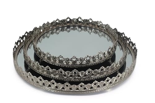 Juego de 3 bandejas decorativas redondas con espejo – Diámetros 20/25/30 cm – Color Plata Elegante – Ideales para Perfumes, Maquillaje y Joyas