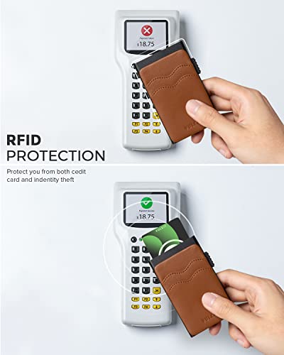 Image of VULKIT Credit Card Holder Minimalist Slim Pop Up Wallet with Leather Slots RFID Blocking for Men and Women Holds 7 Cards and Notes Brown