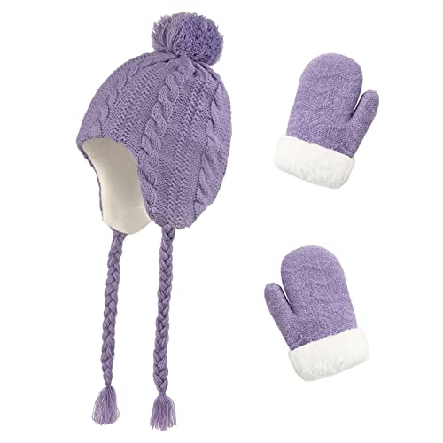 Image of Kids Winter Beanie Hat Mittens Set Warm Fleece Hat Baby Toddler Knitted Hat & Gloves for Boys, Girls