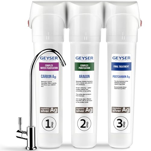 GEYSER SMART – Filtro Agua Compacto Bajo Fregadero con Cartuchos 3 Etapas, ARAGON + CATALON, Purificador Agua Potable, Instalación Fácil, Kit Completo con Grifo Incluido (Duración Filtro 12 Meses)