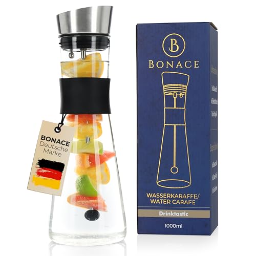 BONACE Jarra de cristal con tapa y pincho de fruta extraíble, resistente al calor, sin BPA, 1,5 l, jarra de agua con filtro y cierre basculante, ideal para agua infusionada, té helado o limonada (1,5