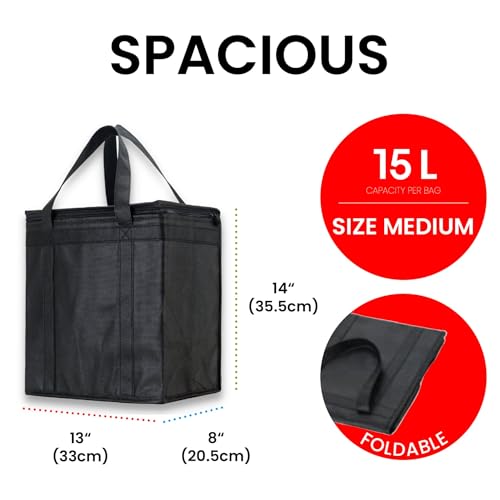 Image of NZ home Insulated Bags for Food Delivery (Medium) Grocery Shopping Cooler Bag, Pizza Delivery, Hot & Cold Catering Tote, Reusable, Foldable & Heavy Duty (2 Pack, Black)