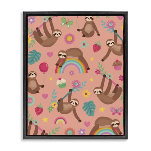 Stupell Industries Sloths Climbing Botanical Branches Whimsical Floral Pattern, Design by Lisa Perry Whitebutton, Black Floater Framed, 16 x 20