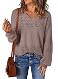 SHEWIN Sweaters for Women Casual Long Sleeve V Neck Lightweight Crochet Sweater Hollow Out Cable Knit Pullover Womens Tops Spring Fashion 2025 B Apricot Pink X-Large