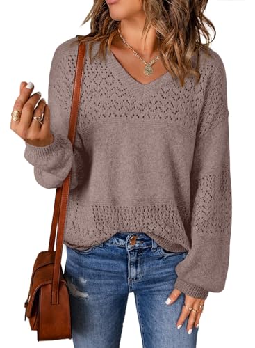 Image of SHEWIN Women's Sweaters Casual Long Sleeve V Neck Crewneck Lightweight Crochet Pullover Sweater Tops