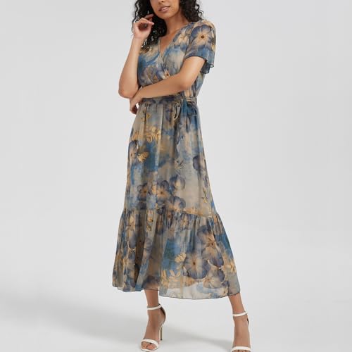 Image of Women's Summer Bohemian Floral Chiffon Dress Cap Sleeve V Neck Ruffle Long Flowy Boho Casual Vacation Dresses