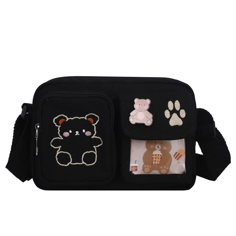 Kawaii Mini Purse Cute Small Wallets Aesthetic Bear Embroidery Crossbody Bag Ita Messenger Bag Accessories Preppy Stuff (Black,Small)