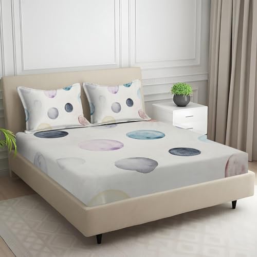 Image of Signature Digital Print Geometric Designs Super King Size Bedsheet - 108 x 108 inches | 100% Cotton-Feel Soft Fabric | Fade-Resistant Colors | 2 Matching Pillow Covers (Dot Harmony)