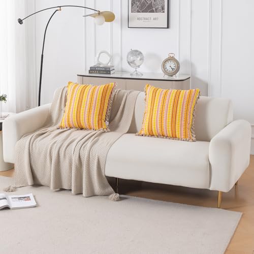 Image of HOKIPO 'Artisan Boho Series' Sofa Cushion Covers | 450 GSM Cotton Acrylic Jacquard | Tassel Design | 22x22 Inch (55x55 cm) | Pack of 2, Mustard Yellow (IN-906-A1*2)