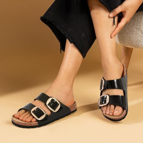 Image of KIDMI Women's Cork Footbed Slide Sandals Comfortable Arch Support Outdoor Sandal with Big Adjustable Buckle for Summer
