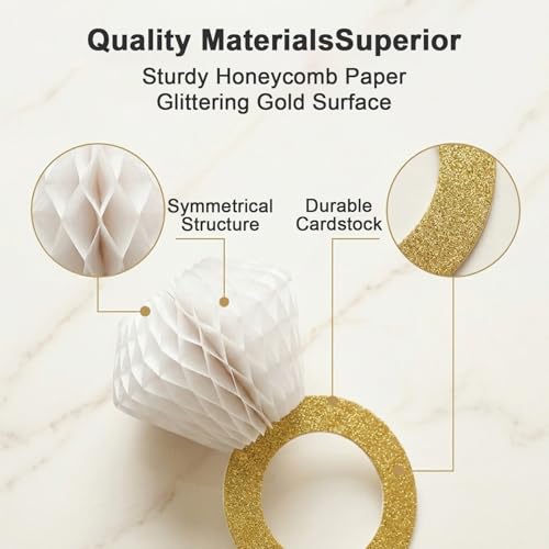 Image of HASTHIP Glitter Gold Diamond Ring Honeycomb Ball, 3 Pack Paper Engagement Decoration, Hanging Ornament for Wedding Bridal Shower Sangeet Haldi Photo Booth Props Diamond Ring Honeycomb Decor