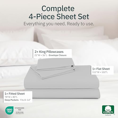 Image of Super Soft 100% Cotton King Size Sheets Deep Pocket Set, 4 Pcs, Light Grey | Lightweight & Breathable For Hot Sleepers, 14 inch Deep Pocket, All-Around Elastic, Durable, Easy Care, OekoTex Certified