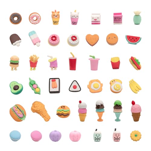 CLOCK KING 42Pcs 3D Food Erasers for Kids All are Food Styles Random Desktop Pets Toys Gifts Mini Puzzle Classroom Rewards Kids Party Favors Back to School Supplies