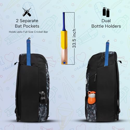 Image of WHACKK Kallis 103L Unisex Cricket Kit Bag Backpack | Adult Size | 2 Bat | Shoe /Helmet Pocket | Main Compartment 18 inch Leg Pad |2 Bottle Holder | Easy Access Pocket | Player Edition Senior (Grey Black)