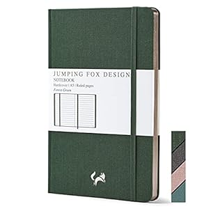 Jumping Fox Design Linen Fabric Premium A5 Ruled Notebook Hardcover Lined Journal, Medium 5.6 x 8.4 inches, 100gsm Quality Paper, Numbered Pages, Inner Pocket, Forest Green