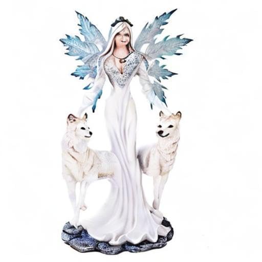 Estatua blanca extra grande tribal hada con lobos de resina miniatura 2