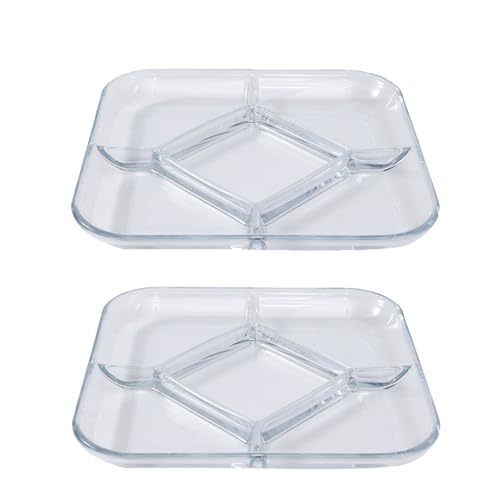 TAMUME Lot de 2 assiettes de service carrées en verre avec 5 compartiments pour collations, 22,9 cm