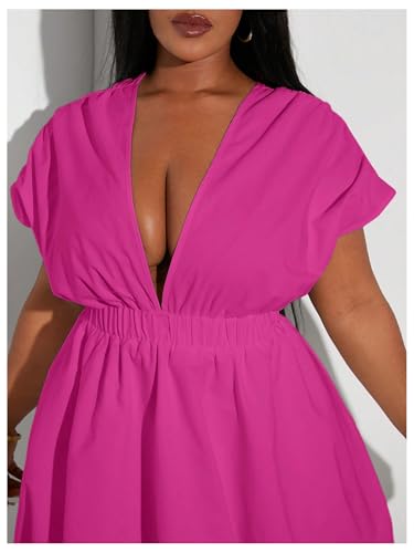 Image of WDIRARA Women's Plus Size Deep V Neck Bubble Dress Short Sleeve A Line Mini Dresses