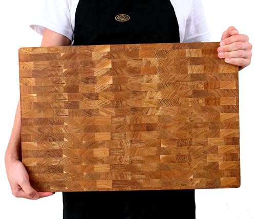 B4K® Schneidebrett aus Eiche Stirnholz 60 × 40 × 4 cm – Massiver Hackblock | Antibakterielles Hirnholzbrett mit Griffen & Silikonfüßen | Perfekt für Küche, Fleisch & BBQ