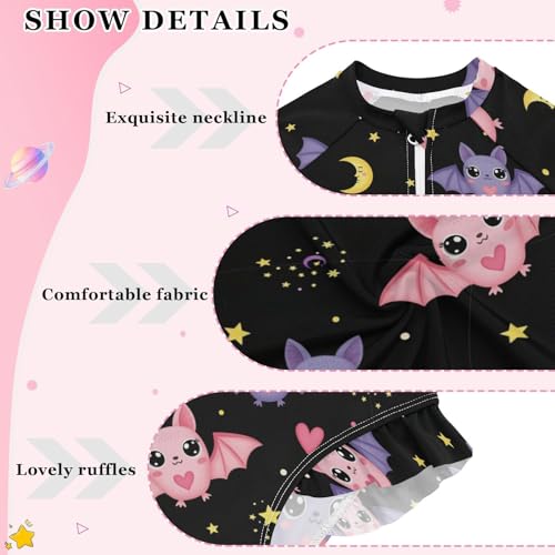 Cute Bats on Black Background Girls Rash Guard Swimsuits Long Sleeve One Pieces Bathing Suit UPF 50+ Zipper Swimwear4