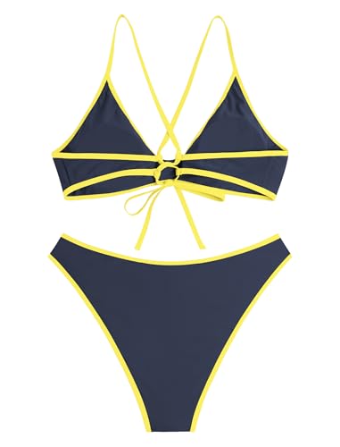 Image of ZAFUL Women's Tie Back Padded High Cut Bralette Bikini Set Two Piece Swimsuit