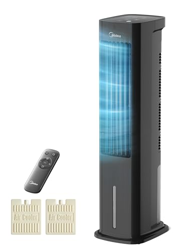 Midea AC100-20ARB(BK) Turmventilator mit Wasserkühlung 4-in-1 mobiler Luftkühler Ventilator Luftbefeuchter & Reiniger mit Fernbedienung für Schlafzimmer Home-Office 5L Tank Schwarz