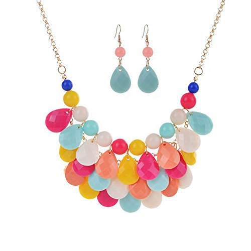 Floating Bubble Necklace Layered Teardrop Statement Necklace Resin Beaded Collar Necklace Earrings Jewelry Set for Women (Multi-Color)