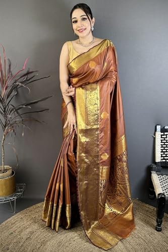 Image of SGF11 Women's Kanjivaram Pure Soft Silk Saree With Unstiched Blouse Piece (Brown)