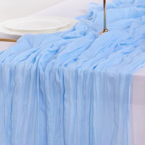 Image of Socomi 6pcs Blue Summer Cheesecloth Table Runner Boho Rustic Gauze 120 inch 10FT Cheese Cloth Sheer Runner for Wedding Party Baby Shower Birthday Home Decor Holiday Decorations
