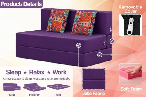 Image of Rosebell (4x6 Feet 2 Seater Foldable Sofa Cum Bed Jute Fabric, Washable Removable Cover, | Space Saving Convertible Sofa Bed for Home, Office & Guests - Purple