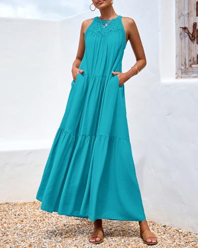 Image of BTFBM Halter Summer Dresses for Women 2026 Casual Spring Hollow Out Sleeveless Boho Sundresses Beach Vacation Maxi Dress