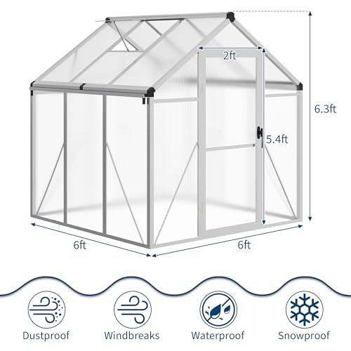 6x6 FT Greenhouse for Outdoors, Polycarbonate Greenhouse with Roof Vent, Ground Nails, Lockable Push Door, Aluminum Large Walk-in Green House for Outside Garden Backyard, Patio, Lawn, Silver