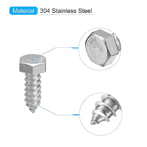 Tornillos Tirafondo para madera hexagonales uxcell 10 piezas 1/2 pulg x 1-1/2 pulg Acero inoxidable 304 rosca parcial miniatura 3