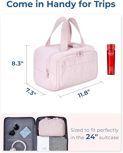 Image of Makeup Organizer Travel Bag with Wet and Dry Sections, Dual Zip compartments, top Handles, Pink
