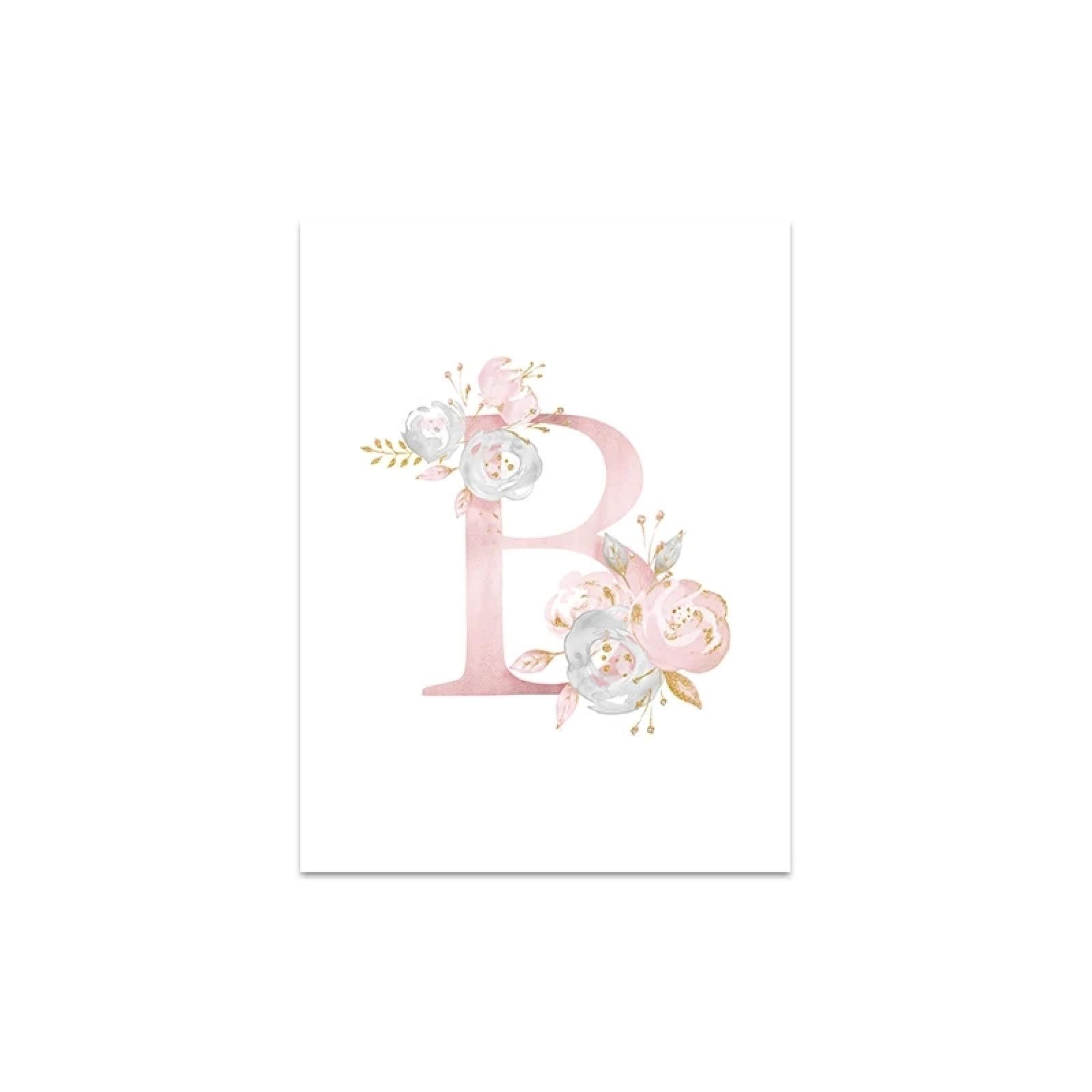 Letra B Carteles Personalizado Nombre de Niña Póster de Lienzo Personalizado Impresiones de Guardería Flor Rosa Arte de Pared Pintura Decoración de Habitación de Bebé 40 x 60 cm
