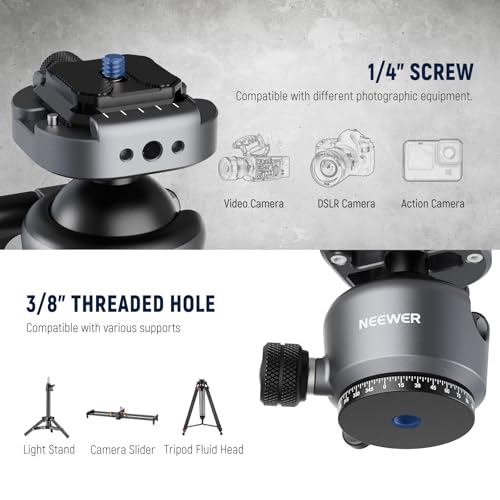 NEEWER GM41 Low Profile Tripod Ball Head, 40mm Metal Panoramic Camera Mount Adapter with 1/4" Arca Type QR Plate Compatible with Peak Design Capture Camera Clip, 360° Swivel & 90° Tilt, Max Load 11lb by NEEWER - Image 4