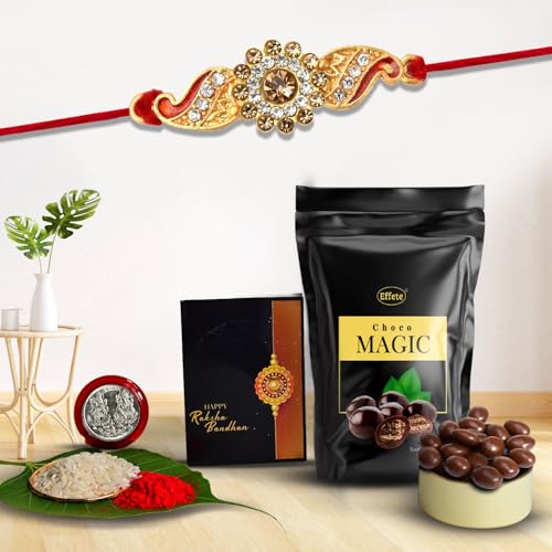 Image of DeoDap Multicolour 2 Rakhi Combo Gift for Brother with Chocolate, Tilak Set, Silver Pooja Coin & Greeting Card for Raksha Bandhan Festival