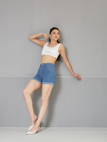 Image of Miss Chase Women's White Regular High Rise Clean Look Regular Stretchable Denim Shorts