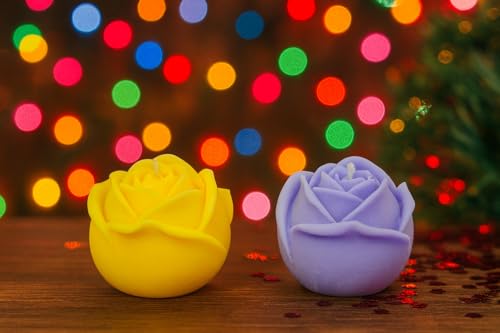 Image of Scented Rose Candle Combo Pack - 2 Rose-Shaped Candles + Hanging Car Diffuser | Decorative Aromatic Candles for Home, Car & Gifting | 4 Hour Burn | Yellow & Purple