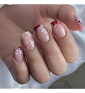 Red French Tip Press on Nails Flower Square Stick on Nails Medium French Tip Fake Nails with Whit...